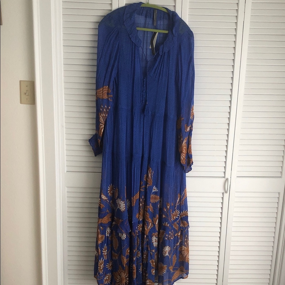 Anthropologie Royal Blue Maxi Dress with Bronze Floral Print